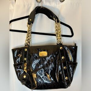 MICHAEL KORS DELANCY STUDDED LOGO BLACK MIRROR METALLIC SHOULDER BAG!